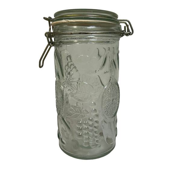 unknown Handbags - Vintage Fruit Embossed Clear Glass Canister with Flip Top 8" tall Collectable